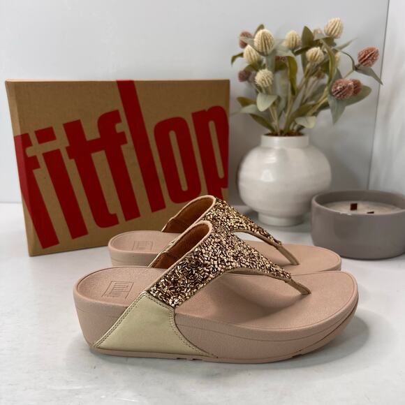 Fitflop Lulu Shimmerfoil Platform Toe-Thongs Sandal Gold Women 5 NWB - Picture 4 of 11